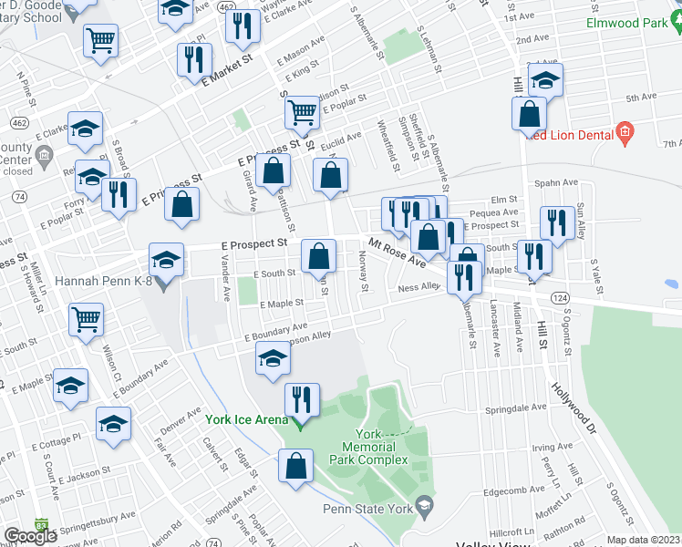 map of restaurants, bars, coffee shops, grocery stores, and more near 602 Dallas Street in York