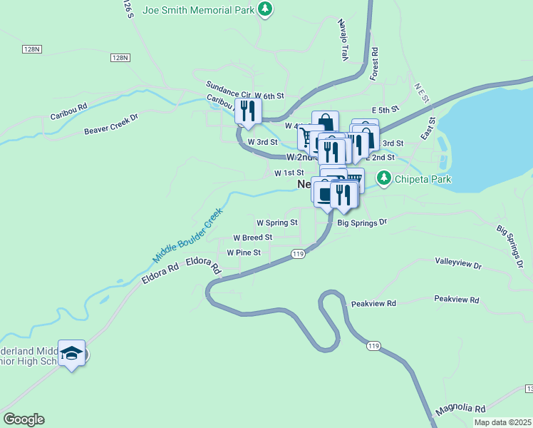 map of restaurants, bars, coffee shops, grocery stores, and more near 136 South Tilden Street in Nederland