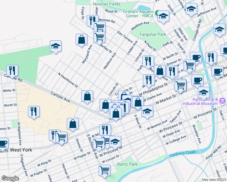 map of restaurants, bars, coffee shops, grocery stores, and more near 654 Lincoln Street in York