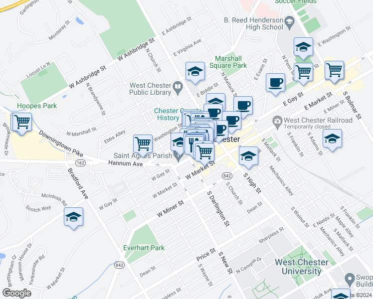 map of restaurants, bars, coffee shops, grocery stores, and more near 121 North Darlington Street in West Chester