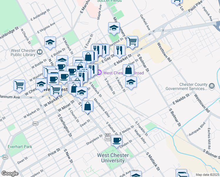 map of restaurants, bars, coffee shops, grocery stores, and more near 200 South Franklin Street in West Chester