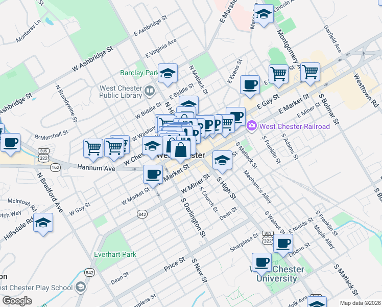map of restaurants, bars, coffee shops, grocery stores, and more near 10 North High Street in West Chester