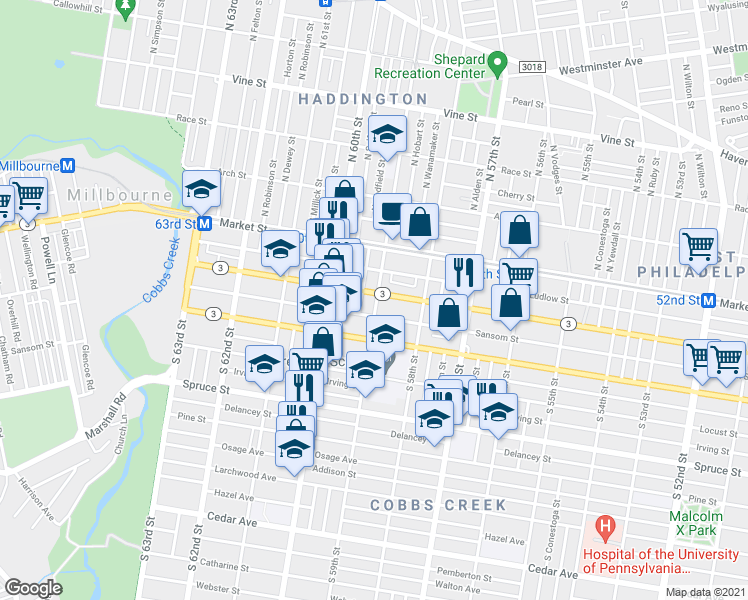 map of restaurants, bars, coffee shops, grocery stores, and more near 5900 Chestnut Street in Philadelphia