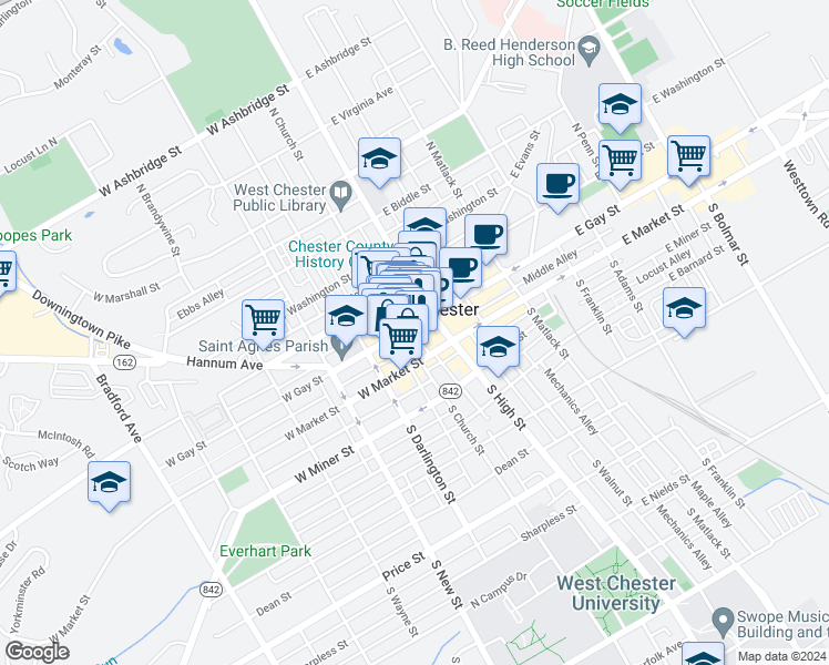 map of restaurants, bars, coffee shops, grocery stores, and more near 32 West Gay Street in West Chester