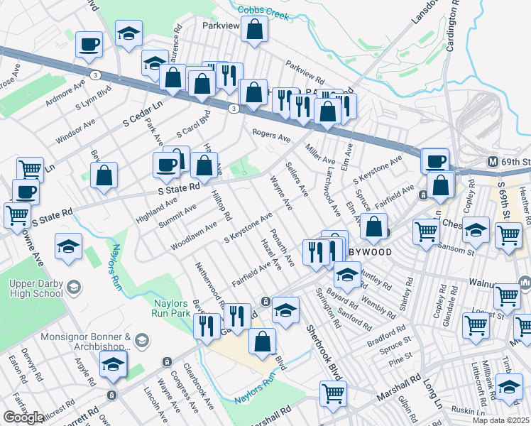 map of restaurants, bars, coffee shops, grocery stores, and more near 1101 South Keystone Avenue in Delaware County