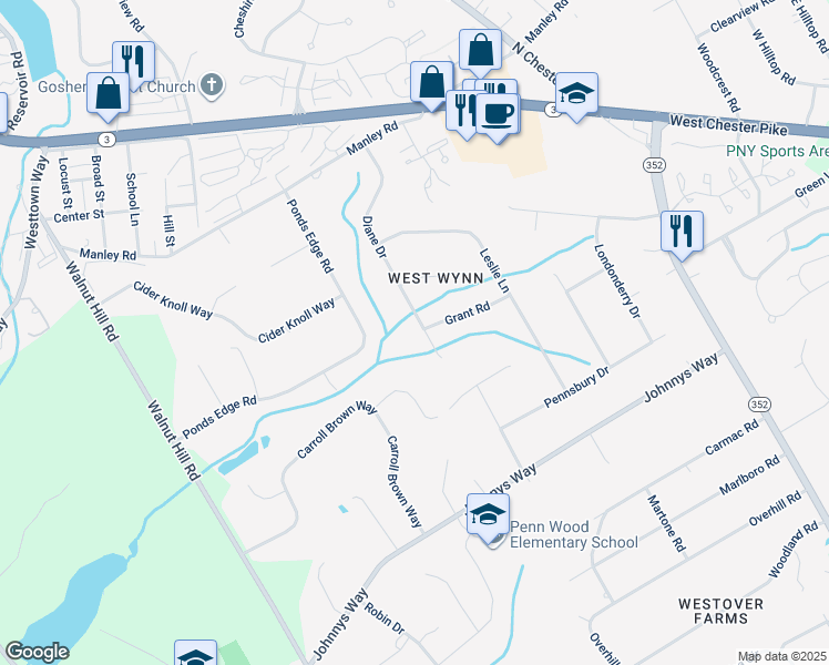 map of restaurants, bars, coffee shops, grocery stores, and more near 412 Diane Drive in West Chester