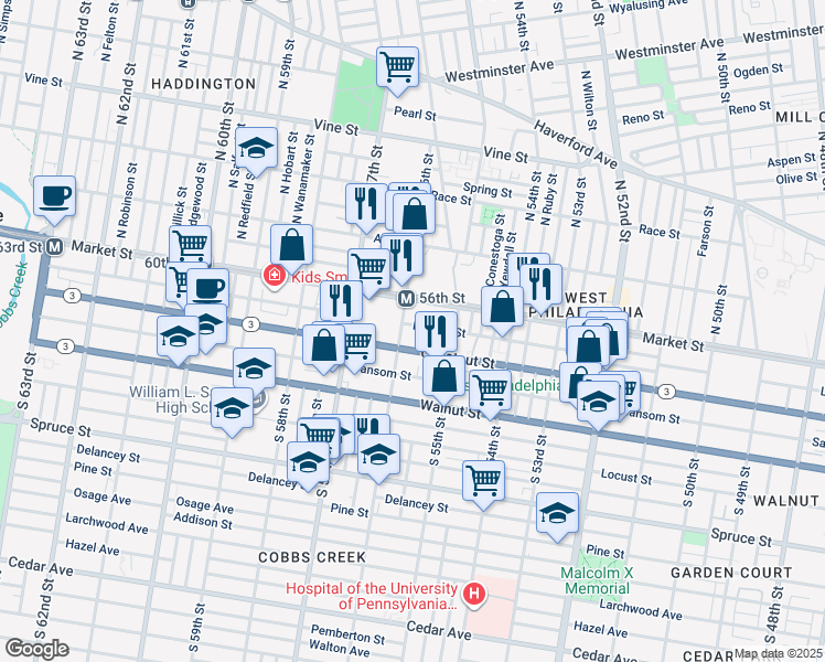 map of restaurants, bars, coffee shops, grocery stores, and more near 5566 Ludlow Street in Philadelphia