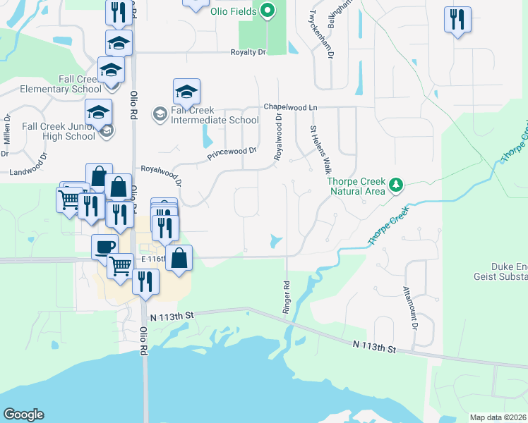 map of restaurants, bars, coffee shops, grocery stores, and more near 11765 Monarchy Lane in Fishers
