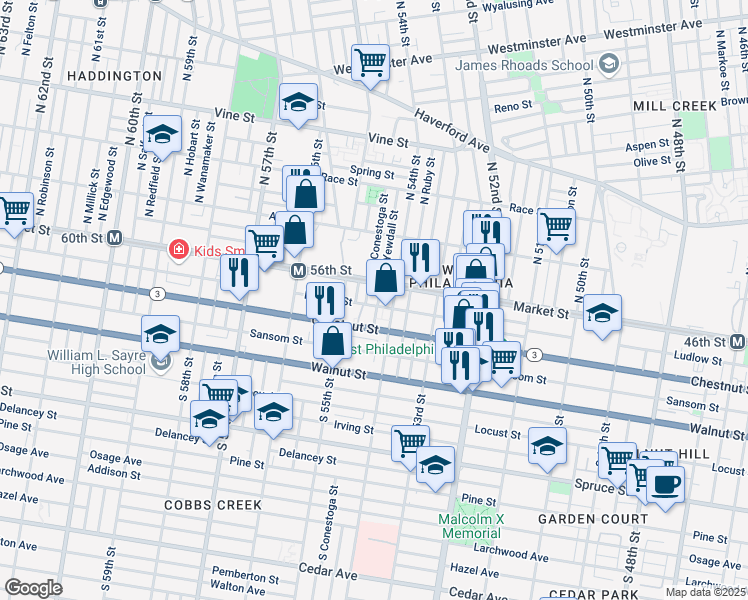 map of restaurants, bars, coffee shops, grocery stores, and more near 20 South Yewdall Street in Philadelphia