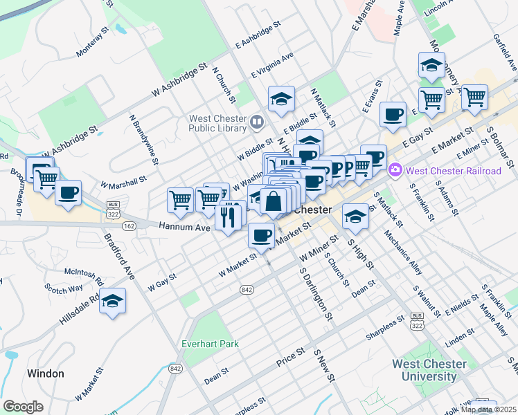 map of restaurants, bars, coffee shops, grocery stores, and more near 208 West Chestnut Street in West Chester