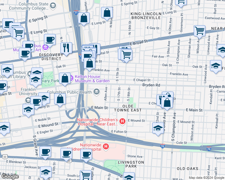 map of restaurants, bars, coffee shops, grocery stores, and more near 222 South Monroe Avenue in Columbus