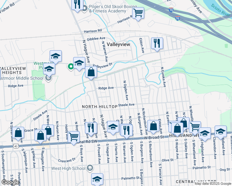 map of restaurants, bars, coffee shops, grocery stores, and more near 237 North Warren Avenue in Columbus