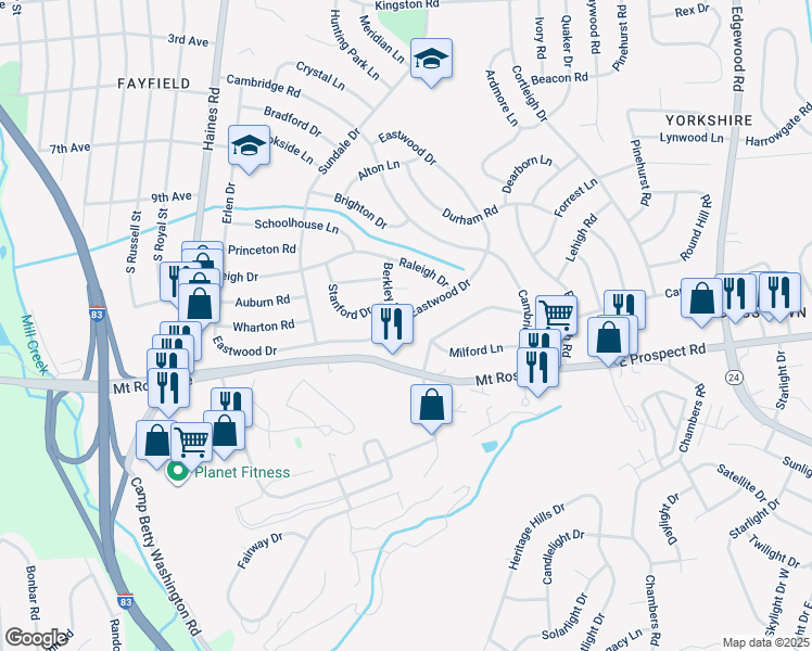 map of restaurants, bars, coffee shops, grocery stores, and more near 2600 Eastwood Drive in East York