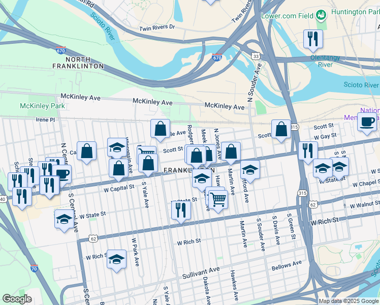 map of restaurants, bars, coffee shops, grocery stores, and more near 47 Rodgers Avenue in Columbus