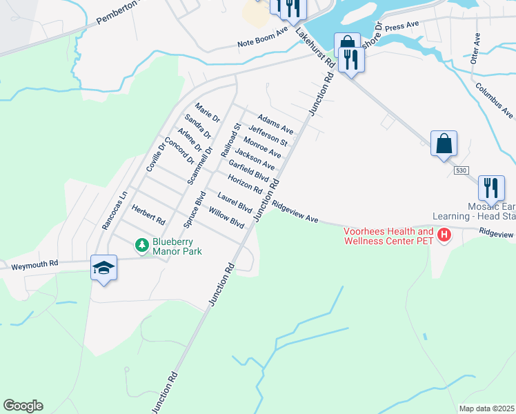 map of restaurants, bars, coffee shops, grocery stores, and more near 1004 Junction Road in Burlington County