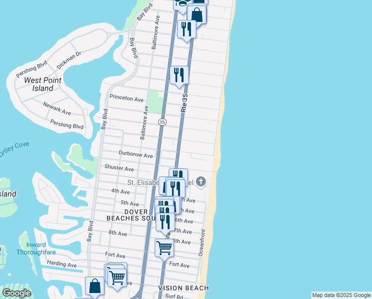 map of restaurants, bars, coffee shops, grocery stores, and more near 23 Dover Avenue in Seaside Heights