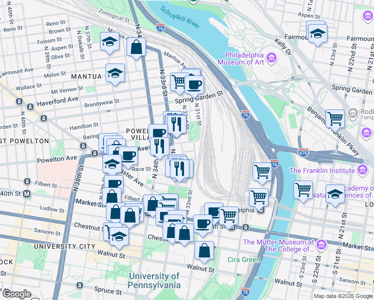map of restaurants, bars, coffee shops, grocery stores, and more near in Philadelphia
