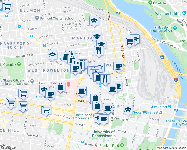 map of restaurants, bars, coffee shops, grocery stores, and more near in Philadelphia