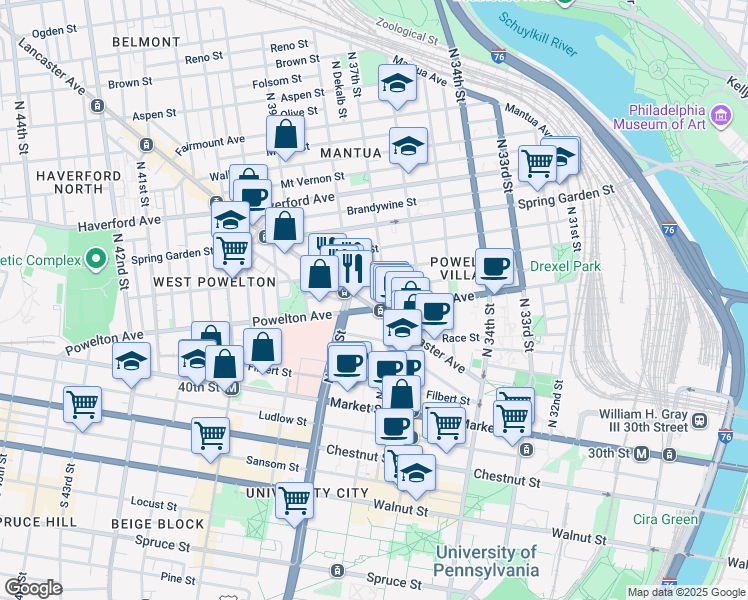 map of restaurants, bars, coffee shops, grocery stores, and more near 3715 Lancaster Avenue in Philadelphia