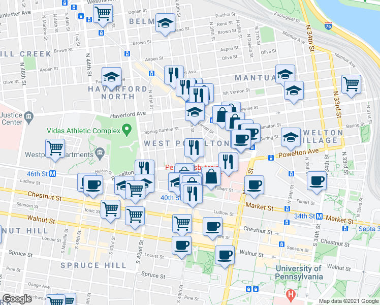 map of restaurants, bars, coffee shops, grocery stores, and more near 318 North 40th Street in Philadelphia