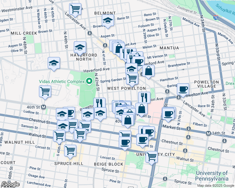 map of restaurants, bars, coffee shops, grocery stores, and more near 4038 Baring Street in Philadelphia