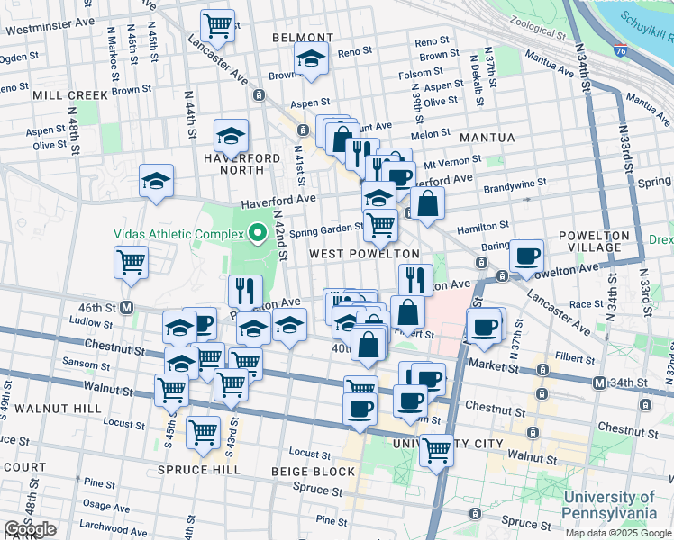 map of restaurants, bars, coffee shops, grocery stores, and more near 4036 Baring Street in Philadelphia