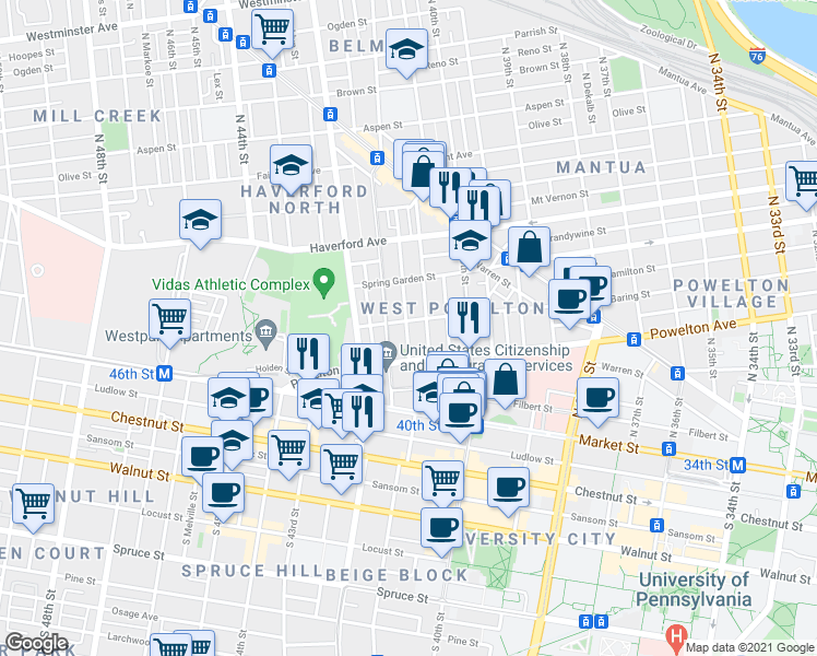 map of restaurants, bars, coffee shops, grocery stores, and more near in Philadelphia