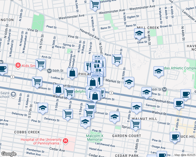 map of restaurants, bars, coffee shops, grocery stores, and more near 5219 Market Street in Philadelphia