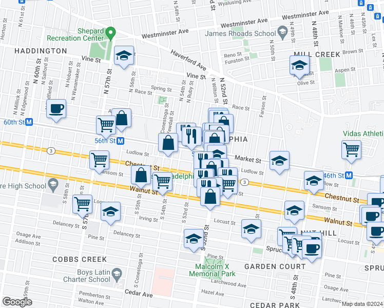 map of restaurants, bars, coffee shops, grocery stores, and more near in Philadelphia