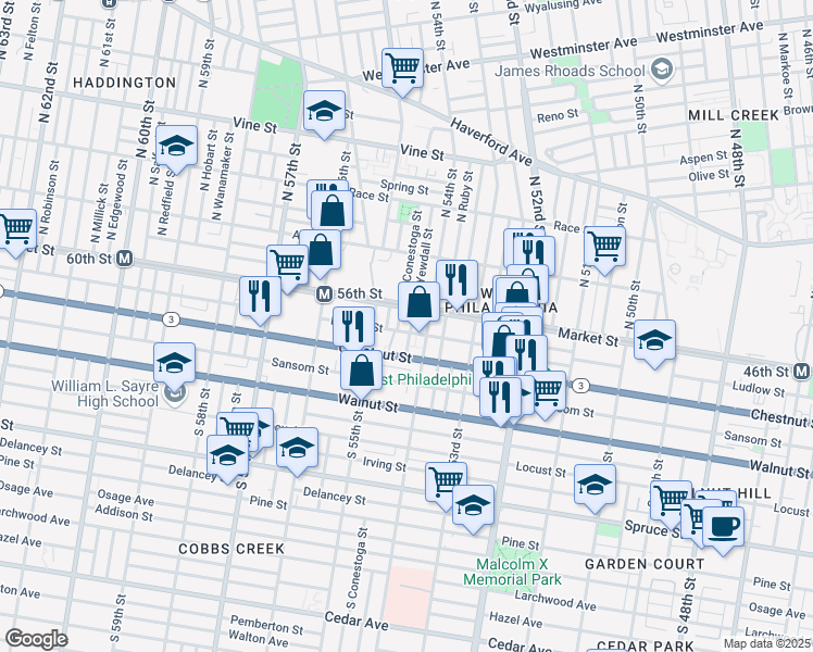 map of restaurants, bars, coffee shops, grocery stores, and more near 20 South Yewdall Street in Philadelphia
