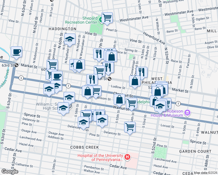 map of restaurants, bars, coffee shops, grocery stores, and more near 5560 Ludlow Street in Philadelphia
