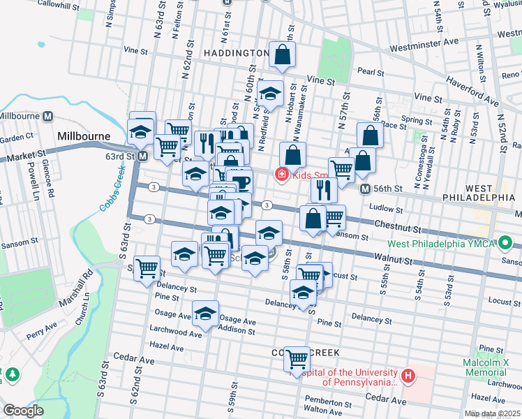 map of restaurants, bars, coffee shops, grocery stores, and more near 5900 Chestnut Street in Philadelphia