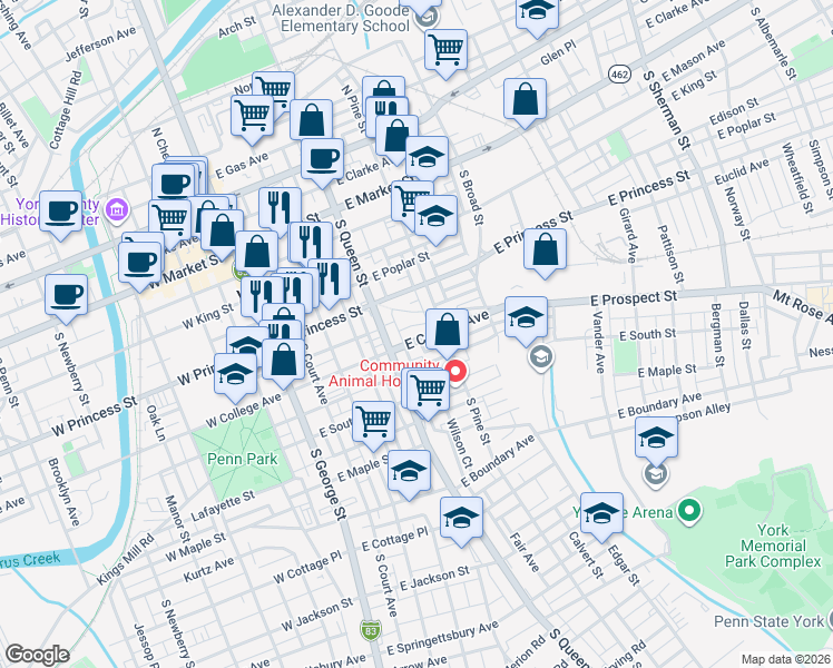 map of restaurants, bars, coffee shops, grocery stores, and more near 243 East College Avenue in York