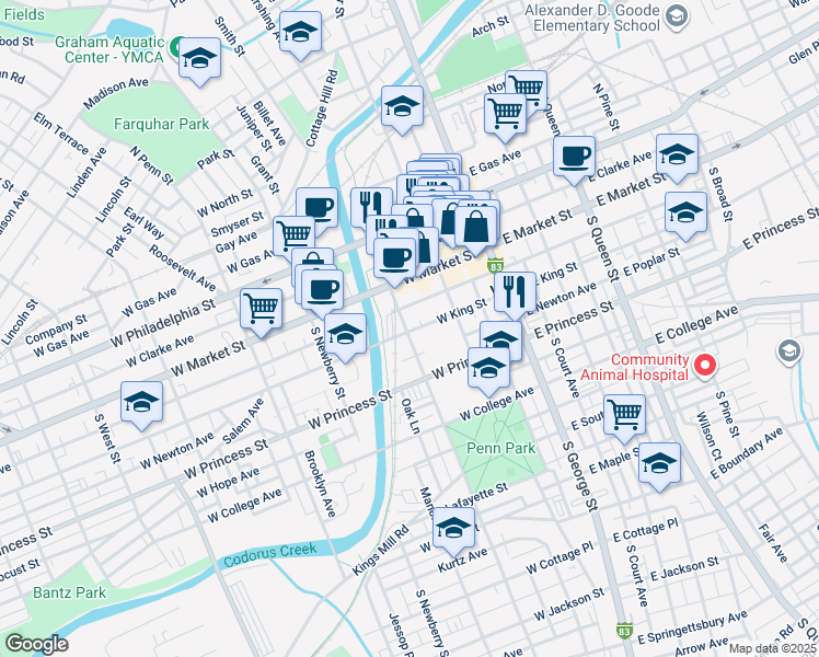 map of restaurants, bars, coffee shops, grocery stores, and more near 54 South Pershing Avenue in York