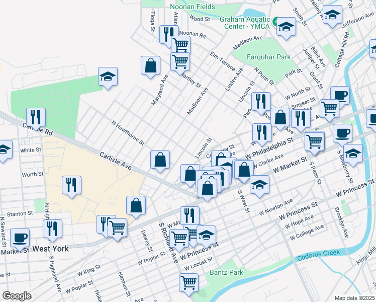map of restaurants, bars, coffee shops, grocery stores, and more near 662 Linden Avenue in York
