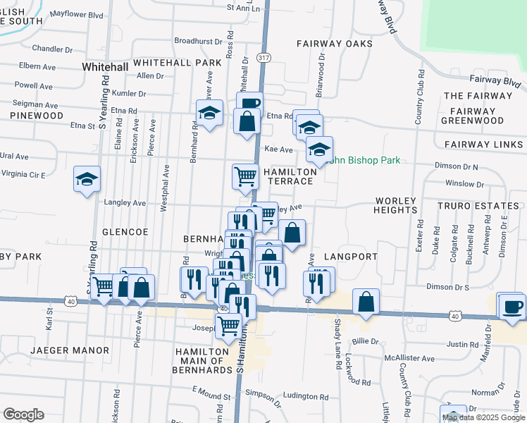 map of restaurants, bars, coffee shops, grocery stores, and more near 639 South Hamilton Road in Whitehall