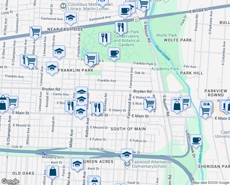 map of restaurants, bars, coffee shops, grocery stores, and more near 1691 Bryden Road in Columbus