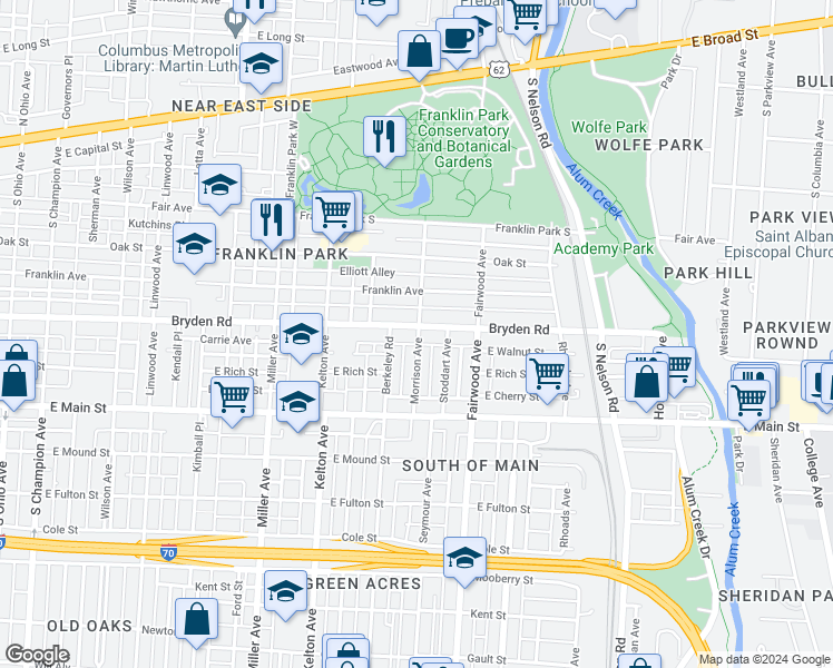 map of restaurants, bars, coffee shops, grocery stores, and more near 1691 Bryden Road in Columbus