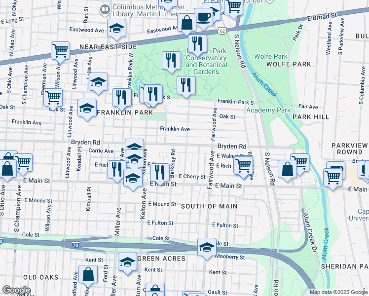 map of restaurants, bars, coffee shops, grocery stores, and more near 1691 Bryden Road in Columbus