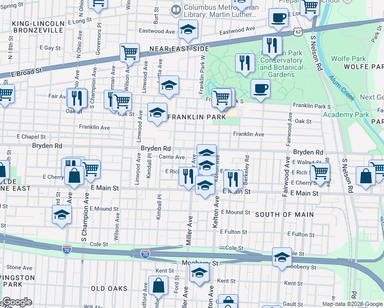 map of restaurants, bars, coffee shops, grocery stores, and more near 1459 Bryden Road in Columbus