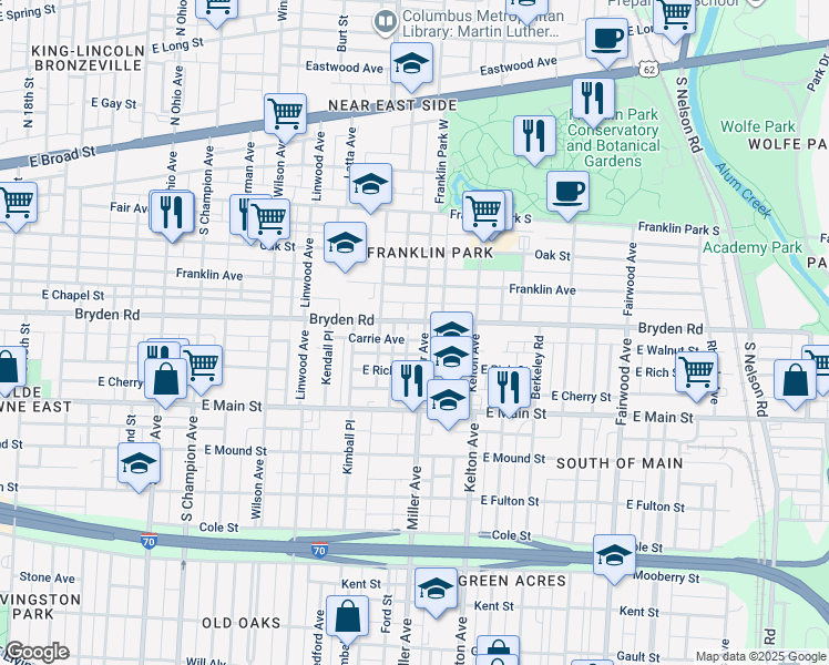 map of restaurants, bars, coffee shops, grocery stores, and more near 1459 Bryden Road in Columbus