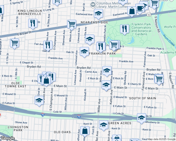 map of restaurants, bars, coffee shops, grocery stores, and more near 1355 Bryden Road in Columbus