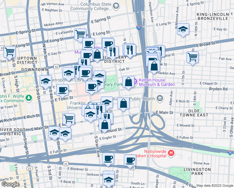 map of restaurants, bars, coffee shops, grocery stores, and more near 525 East Town Street in Columbus