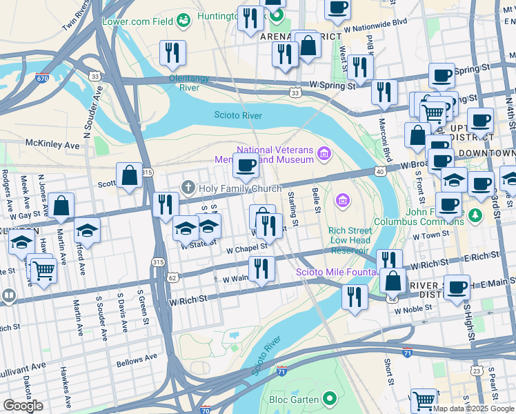 map of restaurants, bars, coffee shops, grocery stores, and more near 451 West Broad Street in Columbus