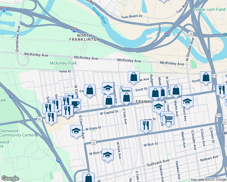map of restaurants, bars, coffee shops, grocery stores, and more near 70 Chicago Avenue in Columbus