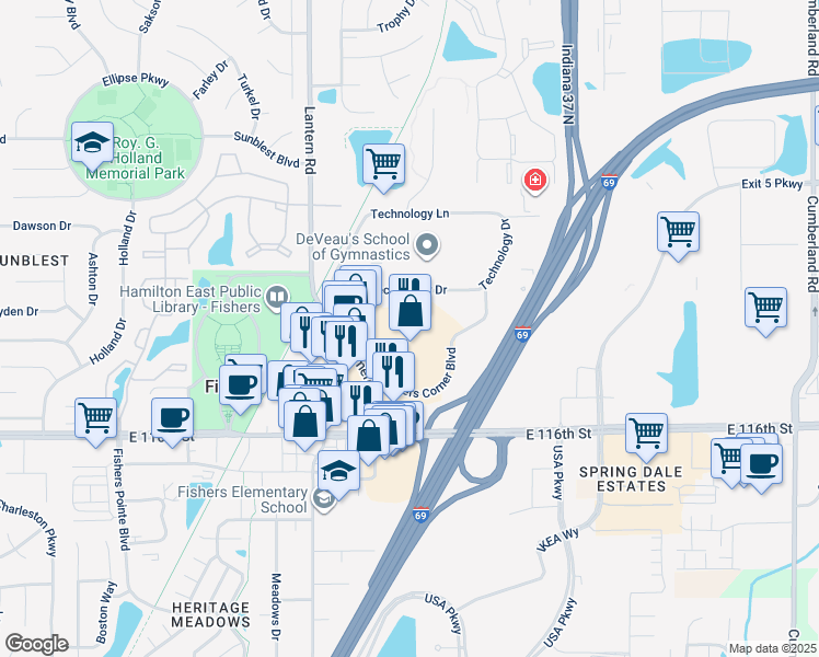 map of restaurants, bars, coffee shops, grocery stores, and more near in Fishers