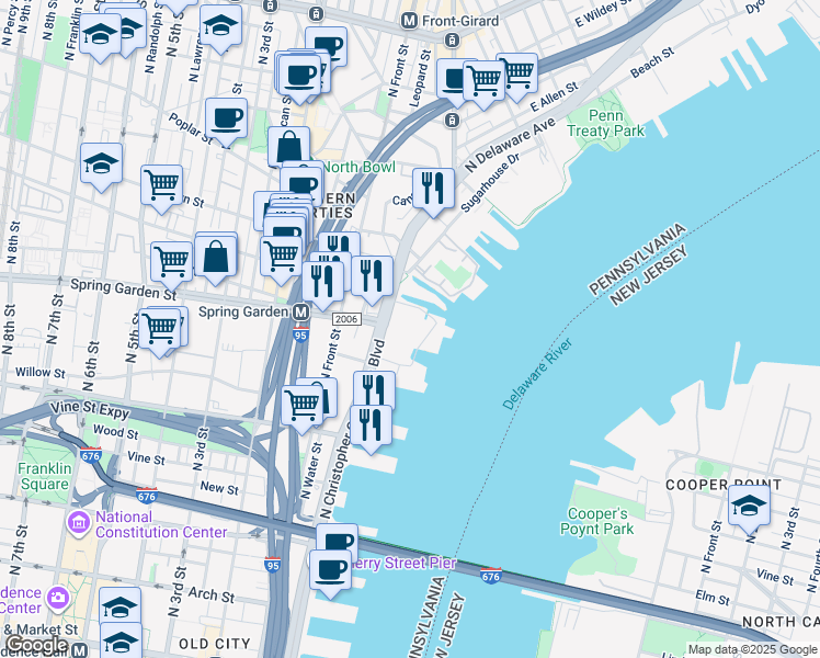 map of restaurants, bars, coffee shops, grocery stores, and more near 31 North Piers in Philadelphia