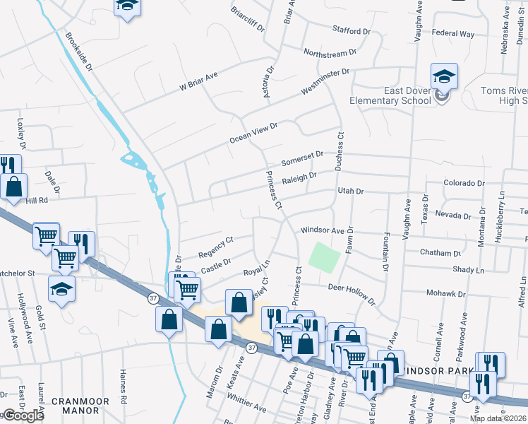 map of restaurants, bars, coffee shops, grocery stores, and more near 1 Regal Court in Toms River