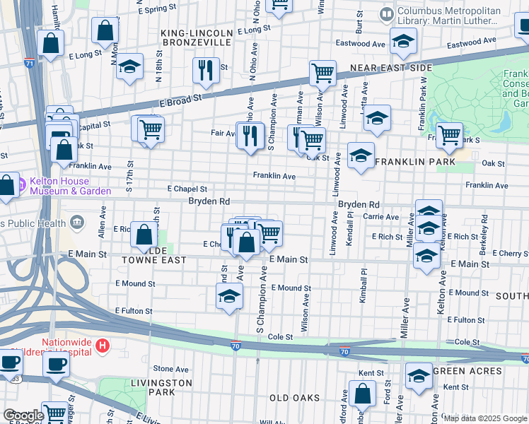 map of restaurants, bars, coffee shops, grocery stores, and more near 277 S Champion Ave in Columbus