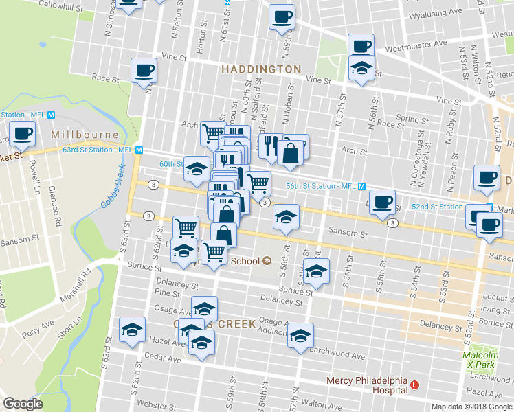 map of restaurants, bars, coffee shops, grocery stores, and more near 5904 Chestnut Street in Philadelphia